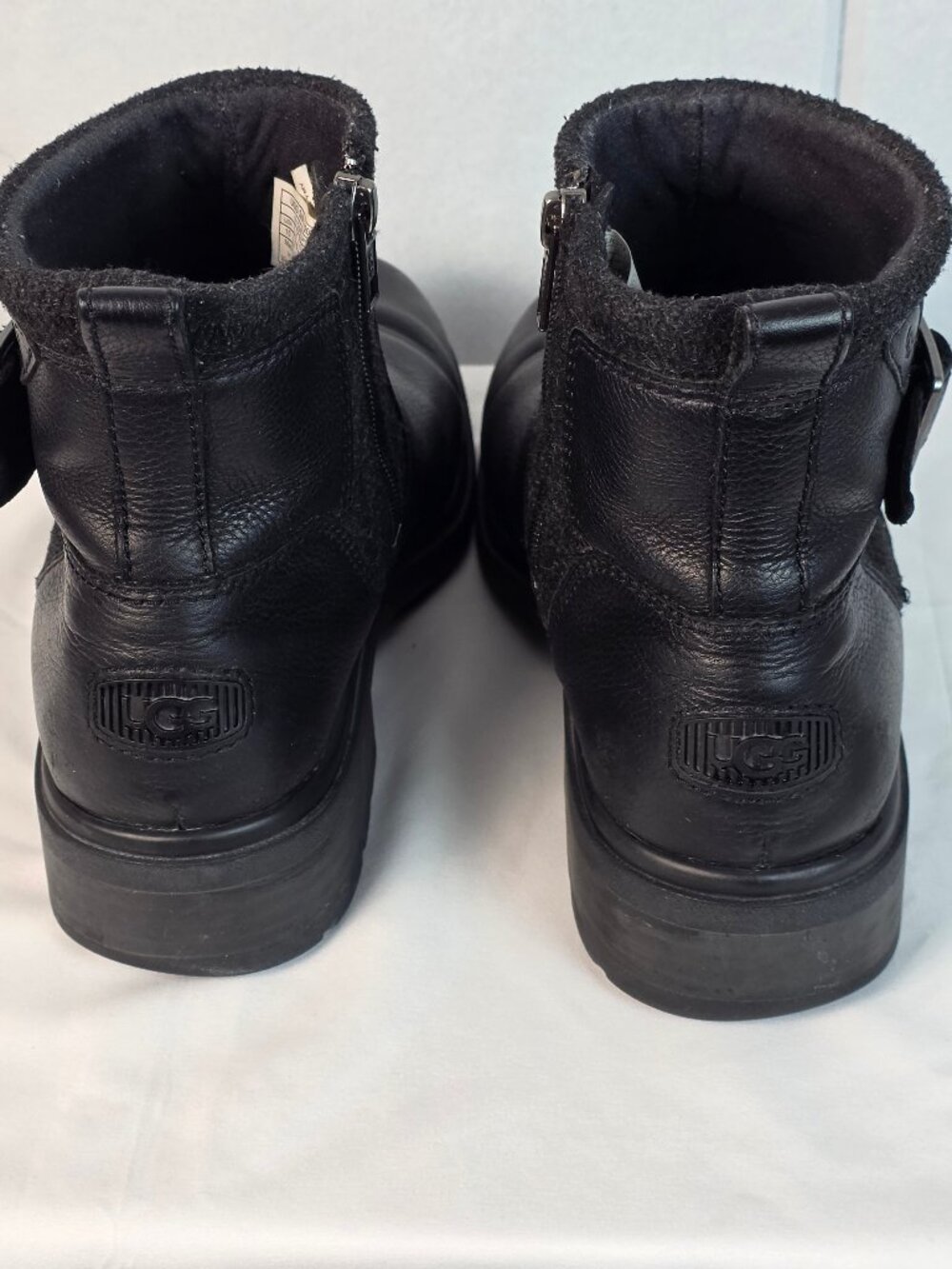 UGG Black Leather Ankle Boots • Side Zip • Buckle • Size 10 - Picture 4 of 9